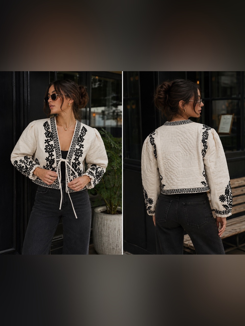 AARON & AMBER Benja Embroidered Jacket 100% Cotton- Black/Cream